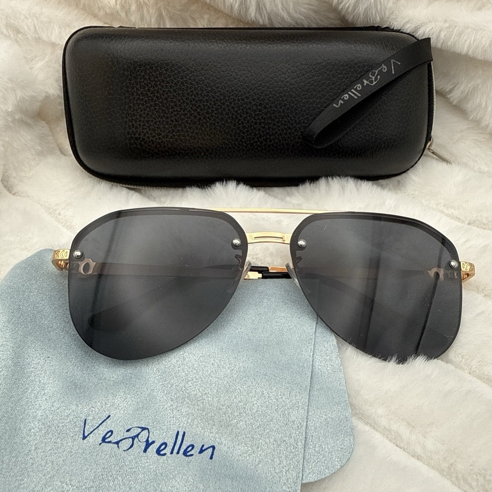 VeBrellen Luxury Black/Gold Aviator Sunglasses Oversized NEW w/Case & Cloth HOT